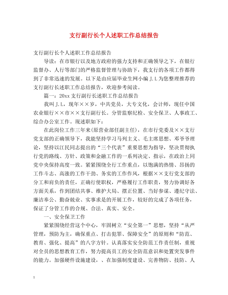支行副行长个人述职工作总结报告 _第1页