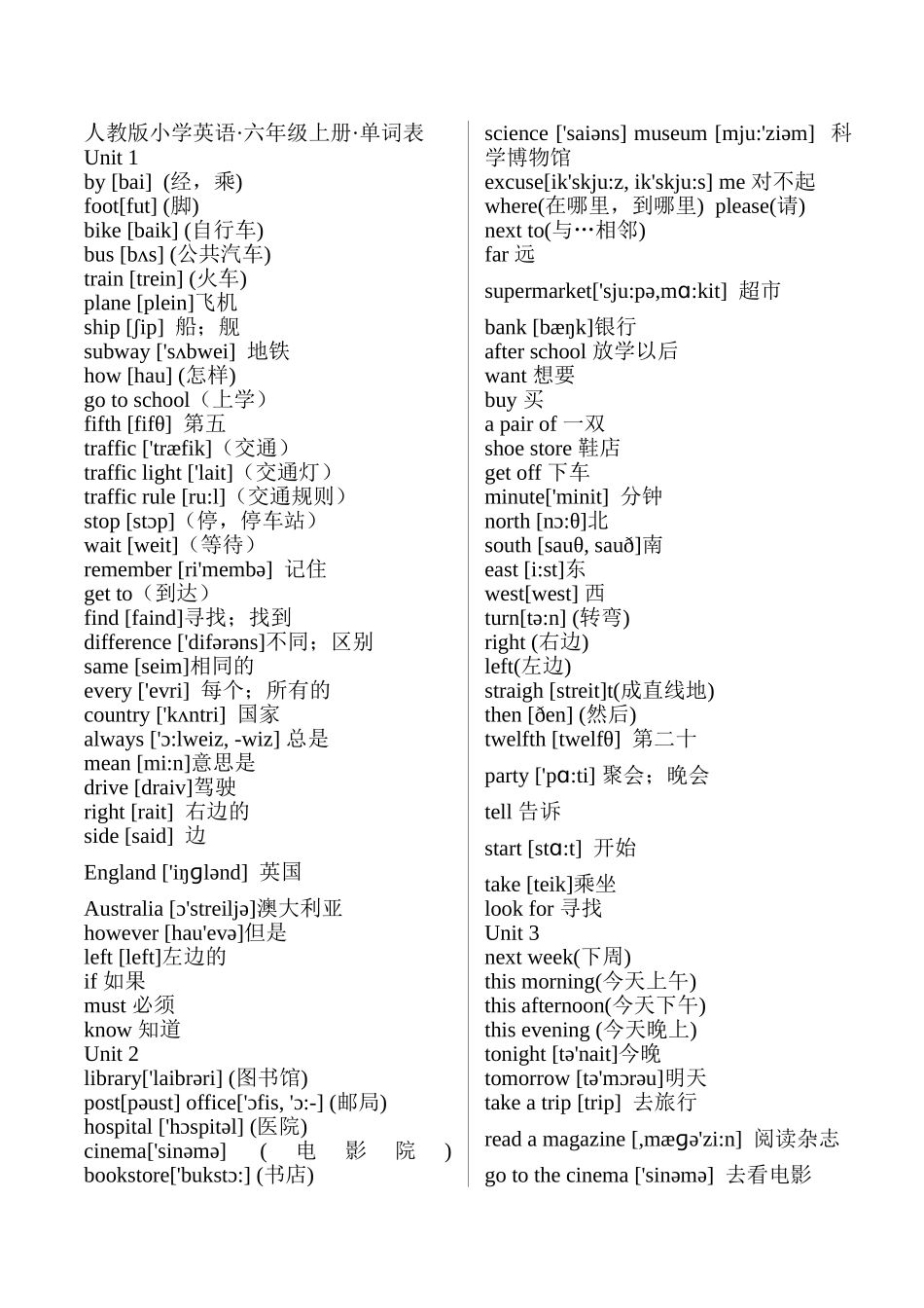 人教版小学英语六年级上、下册单词表(带有音标)_第1页