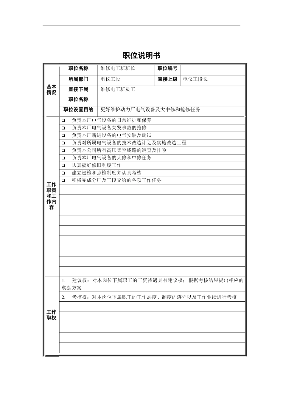 维修电工班班长职位说明书_第1页