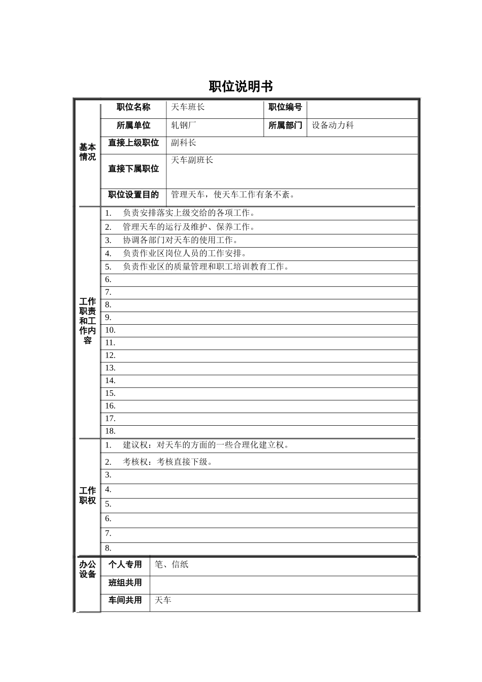 轧钢厂设备动力科天车班长职责说明书_第1页