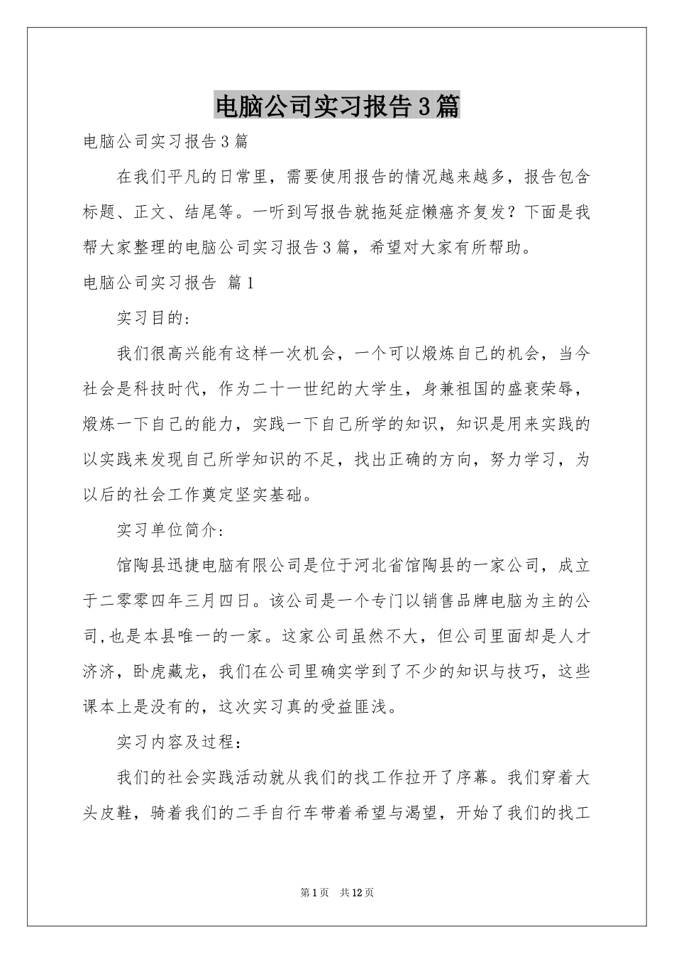 电脑公司实习报告3篇_第1页