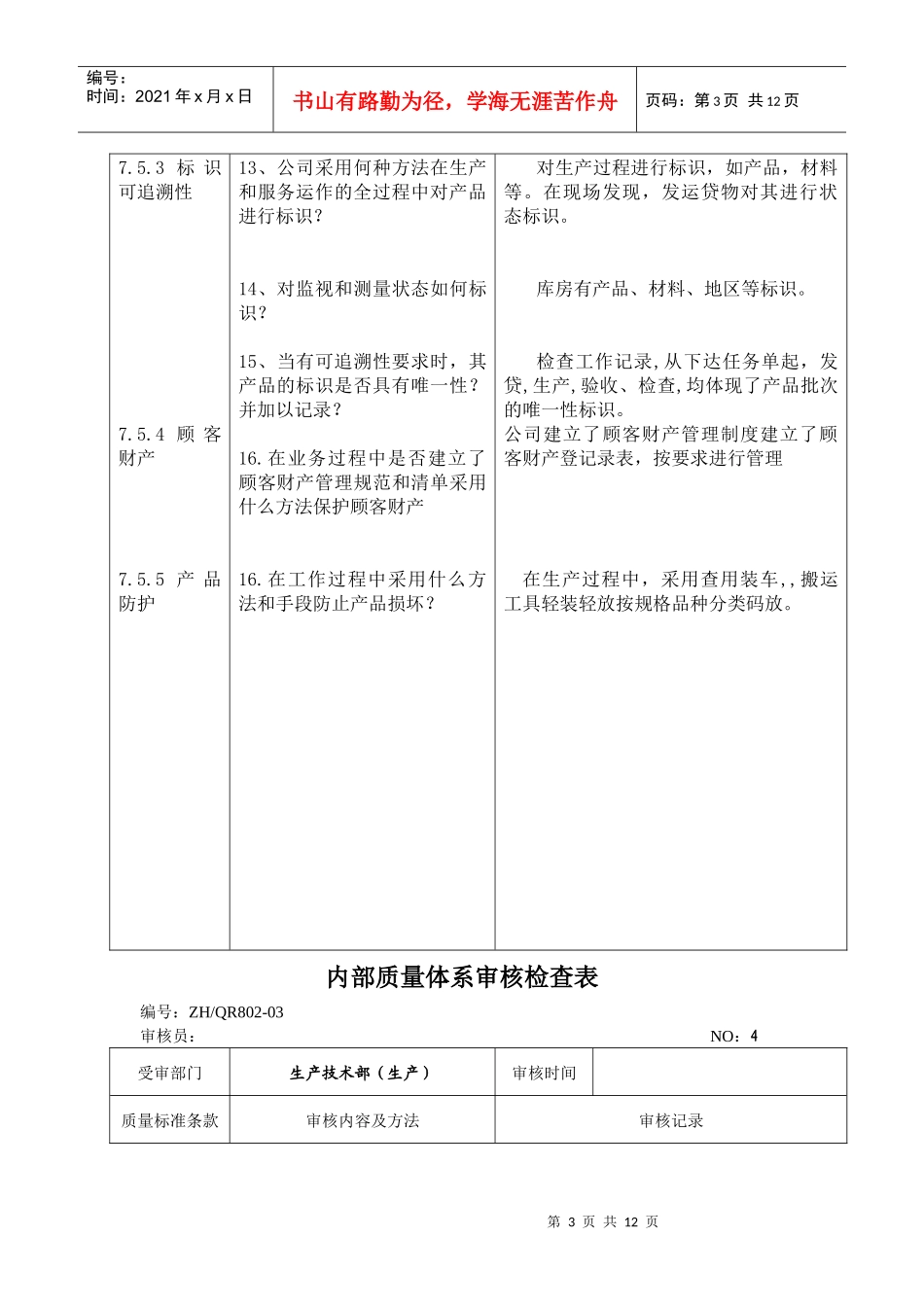内部质量体系审核检查表 生产部_第3页