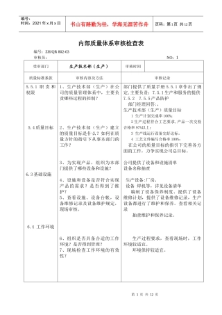 内部质量体系审核检查表 生产部