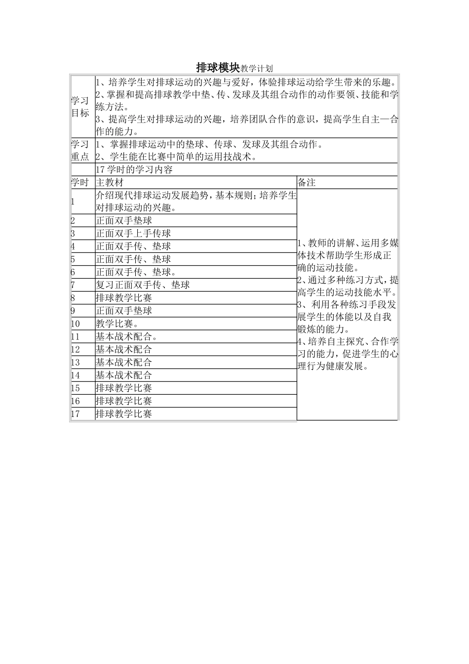排球模块教学计划_第1页