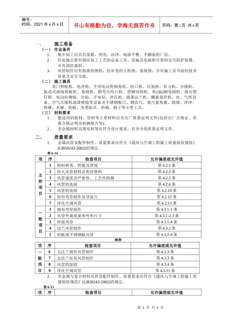 通风管道部件安装工程技术交底_第1页