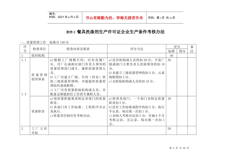 餐具洗涤剂生产许可证企业生产条件考核办法(doc 10)_第1页