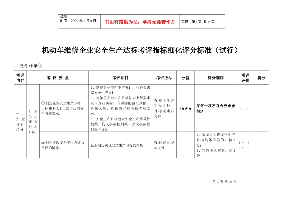机动车维修企业安全生产达标考评指标细化评分标准(试行)_第1页