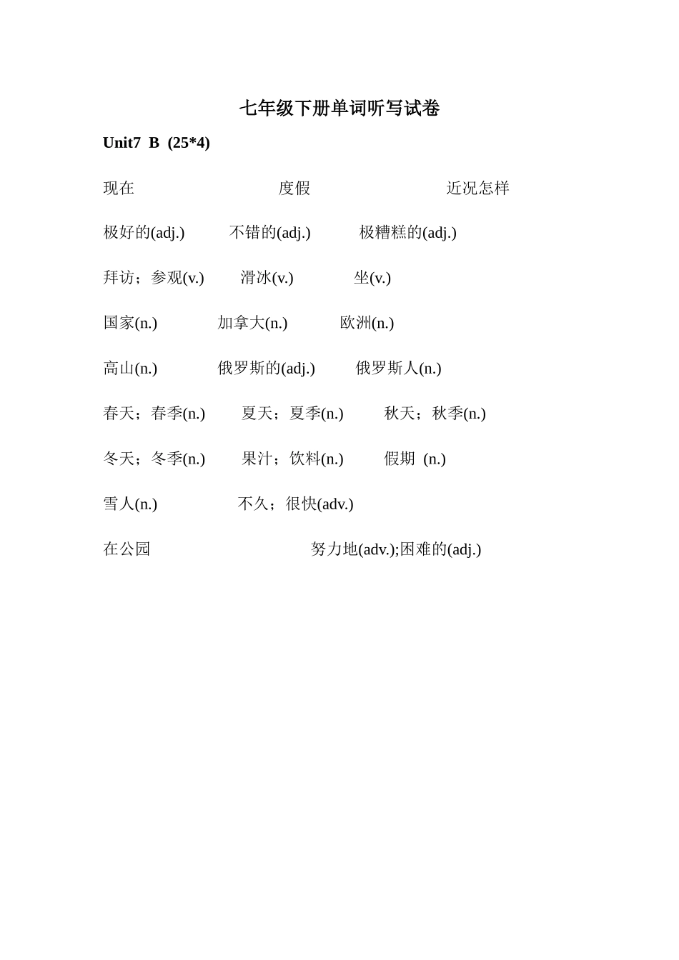 七年级下册Unit7单词听写试卷2_第1页