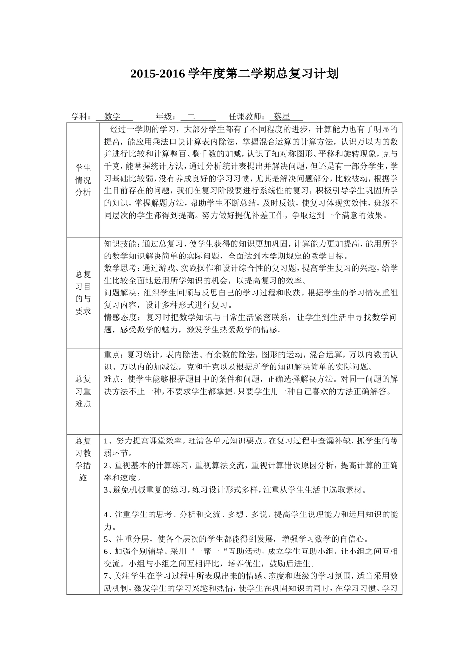 蔡星期末复习计划表_第1页