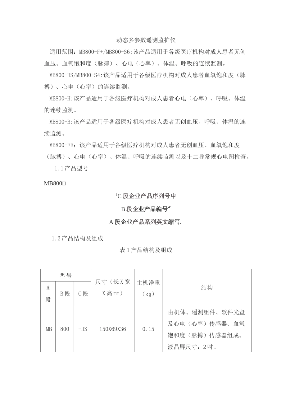 动态多参数遥测监护仪产品技术要求麦邦_第1页