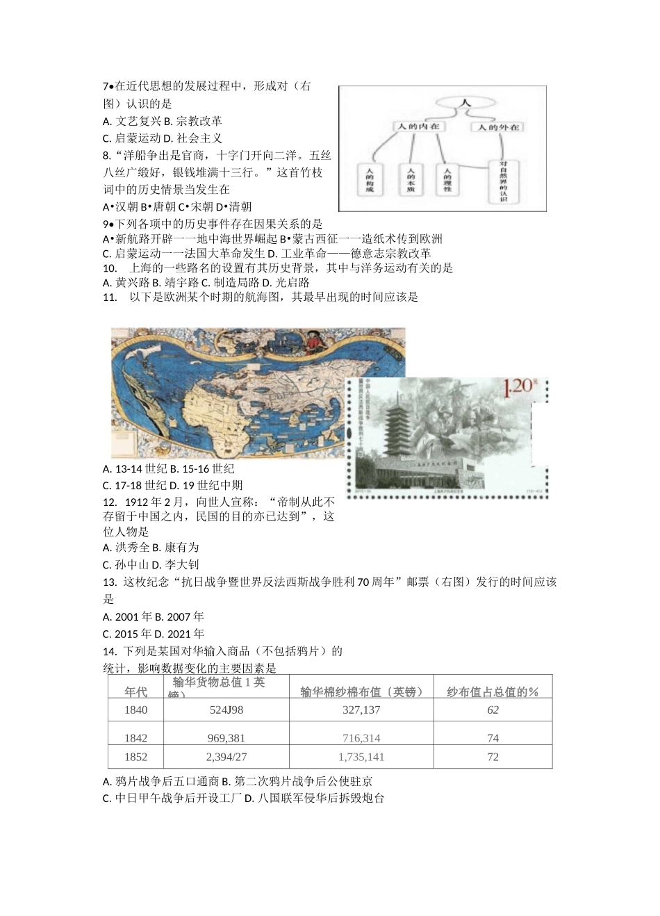 上海市杨浦区2021年高三历史等级考二模卷 带答案_第2页