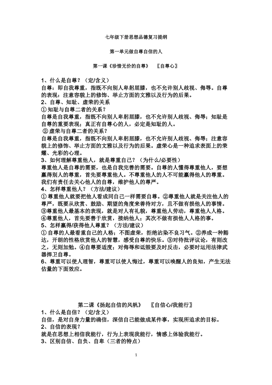 七年级下册思想品德复习提纲_第1页