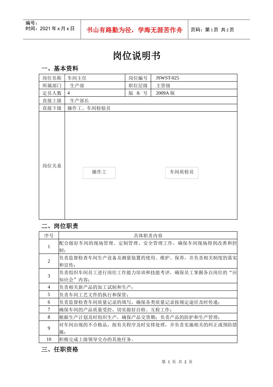 车间主任的岗位说明书_第1页