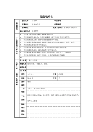 轧钢厂设备动力科工程师岗位职位说明书