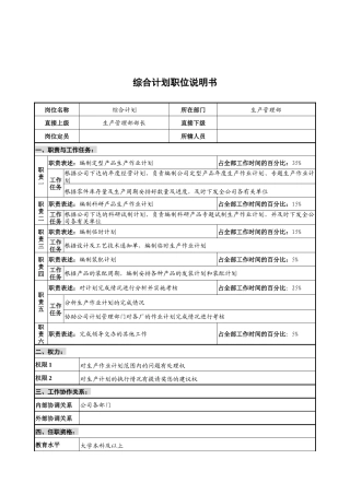 华北光学仪器公司生产管理部综合计划职位说明书
