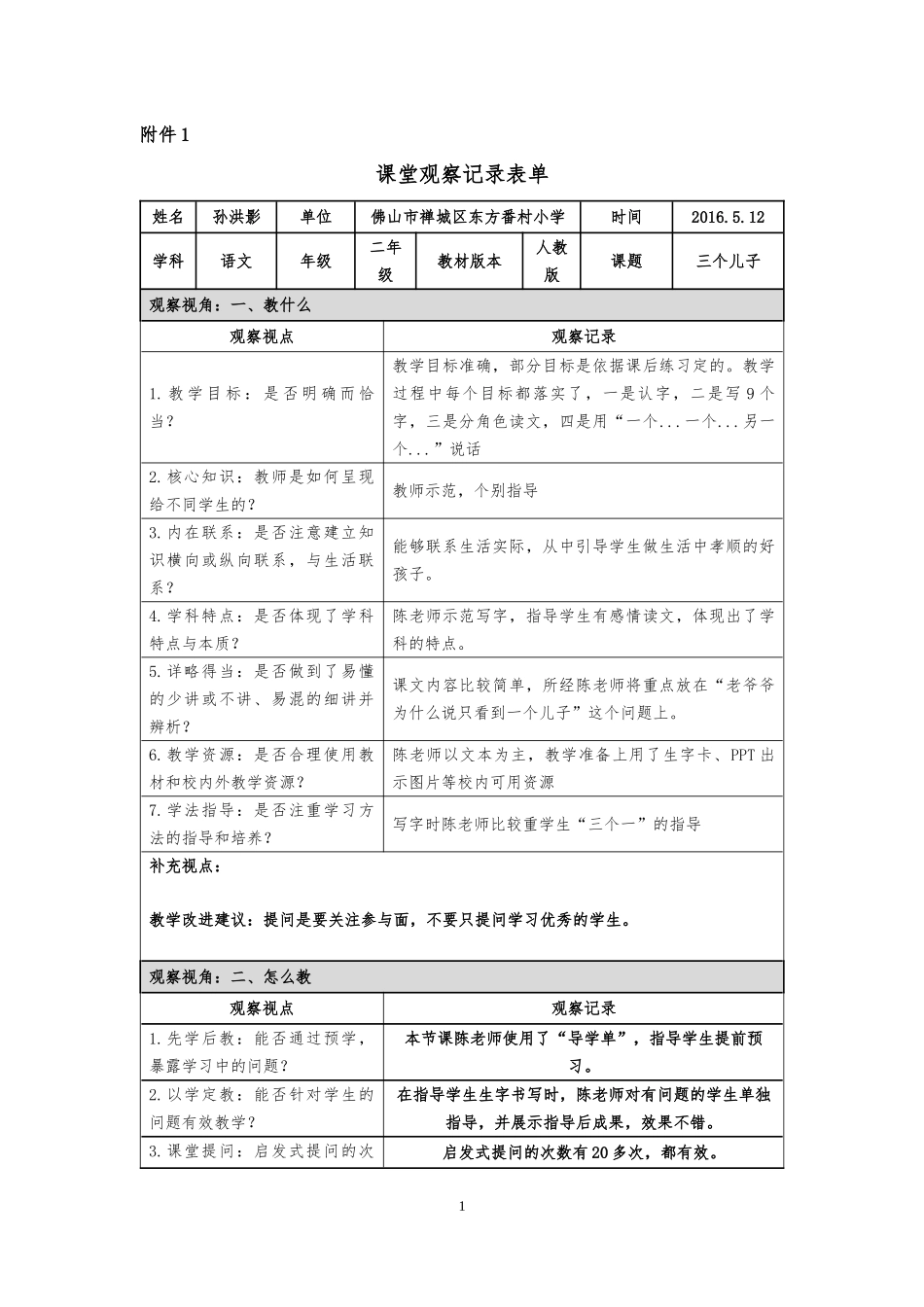 课堂观察记录模板_第1页
