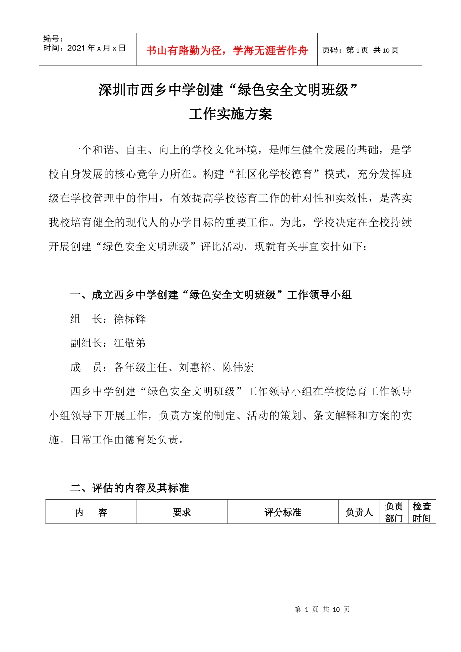 西乡中学绿色安全文明班级量化评估实施方案的说明_第1页