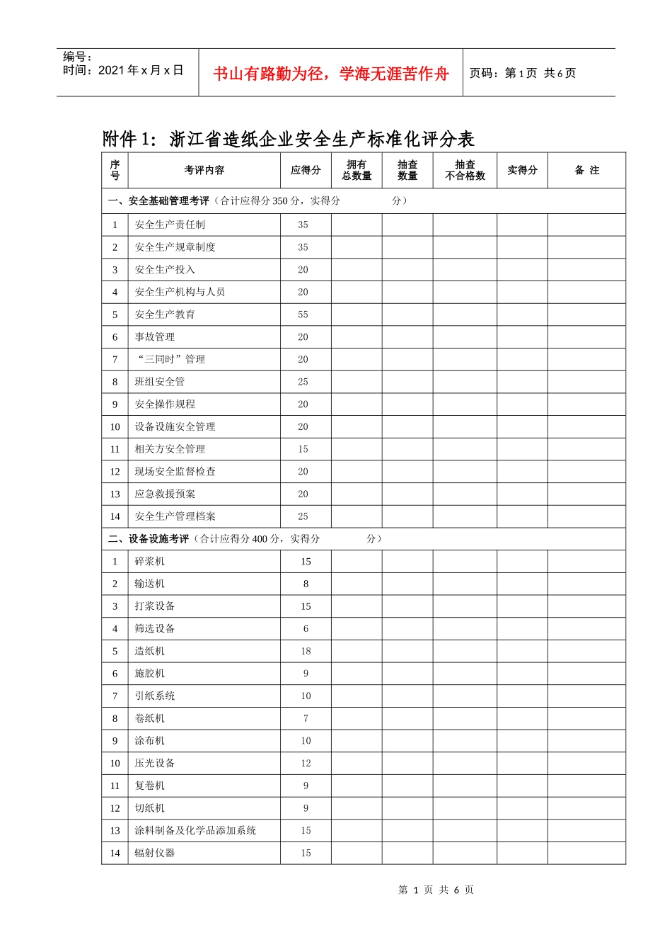 附件1：浙江省造纸企业安全生产标准化评分表_第1页