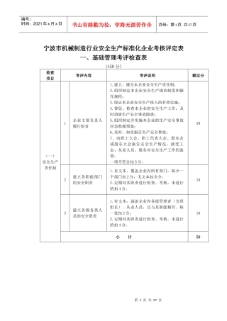 宁波市机械制造行业安全生产标准化企业考核评定表