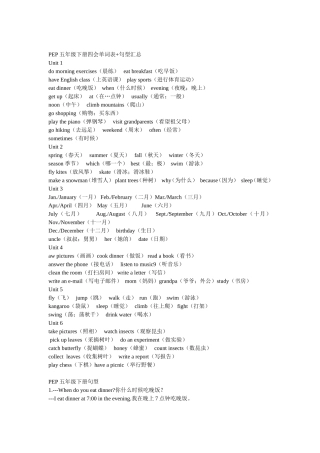 PEP五年级下册四会单词表