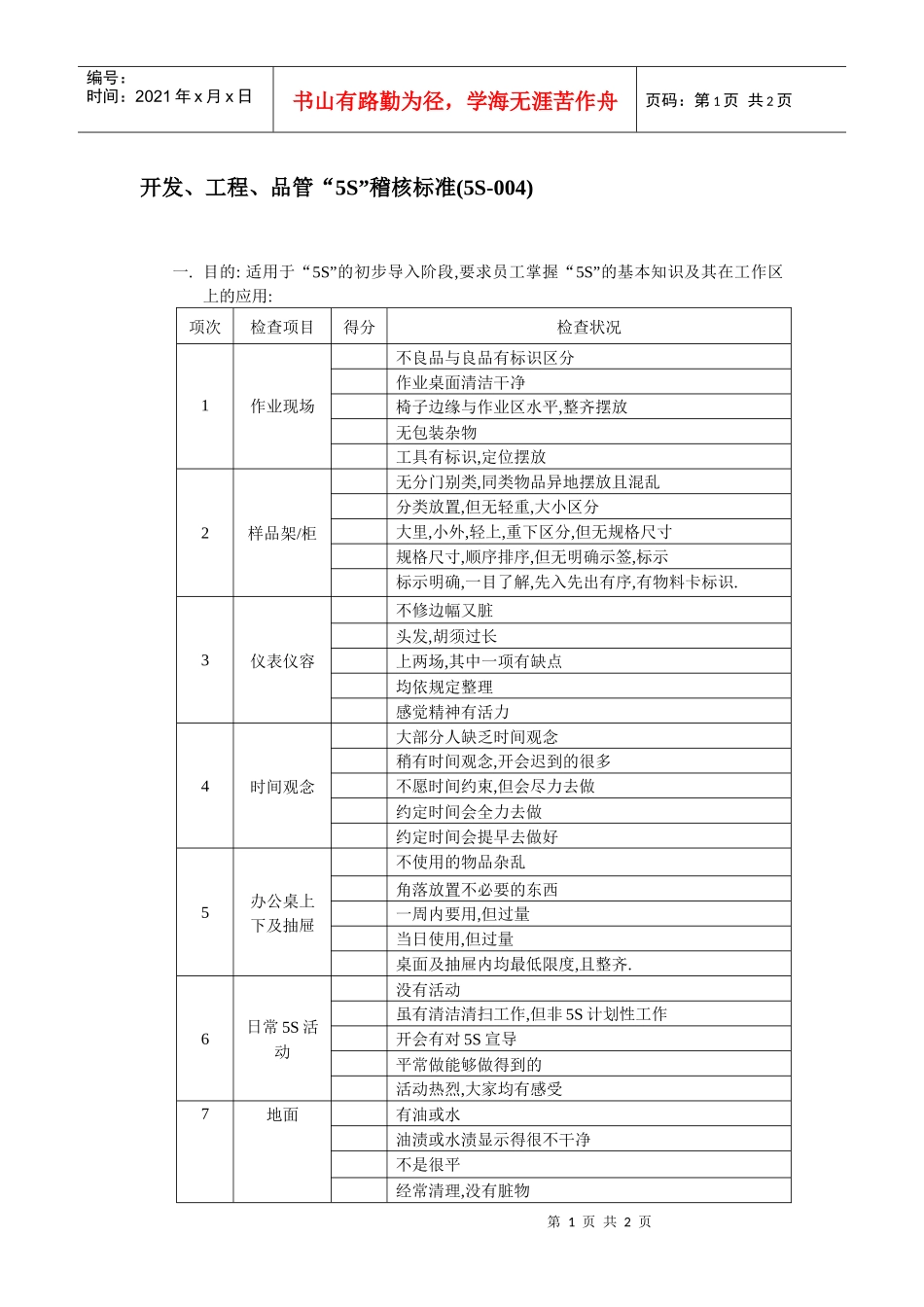 开发、工程、品管“5S”稽核标准_第1页