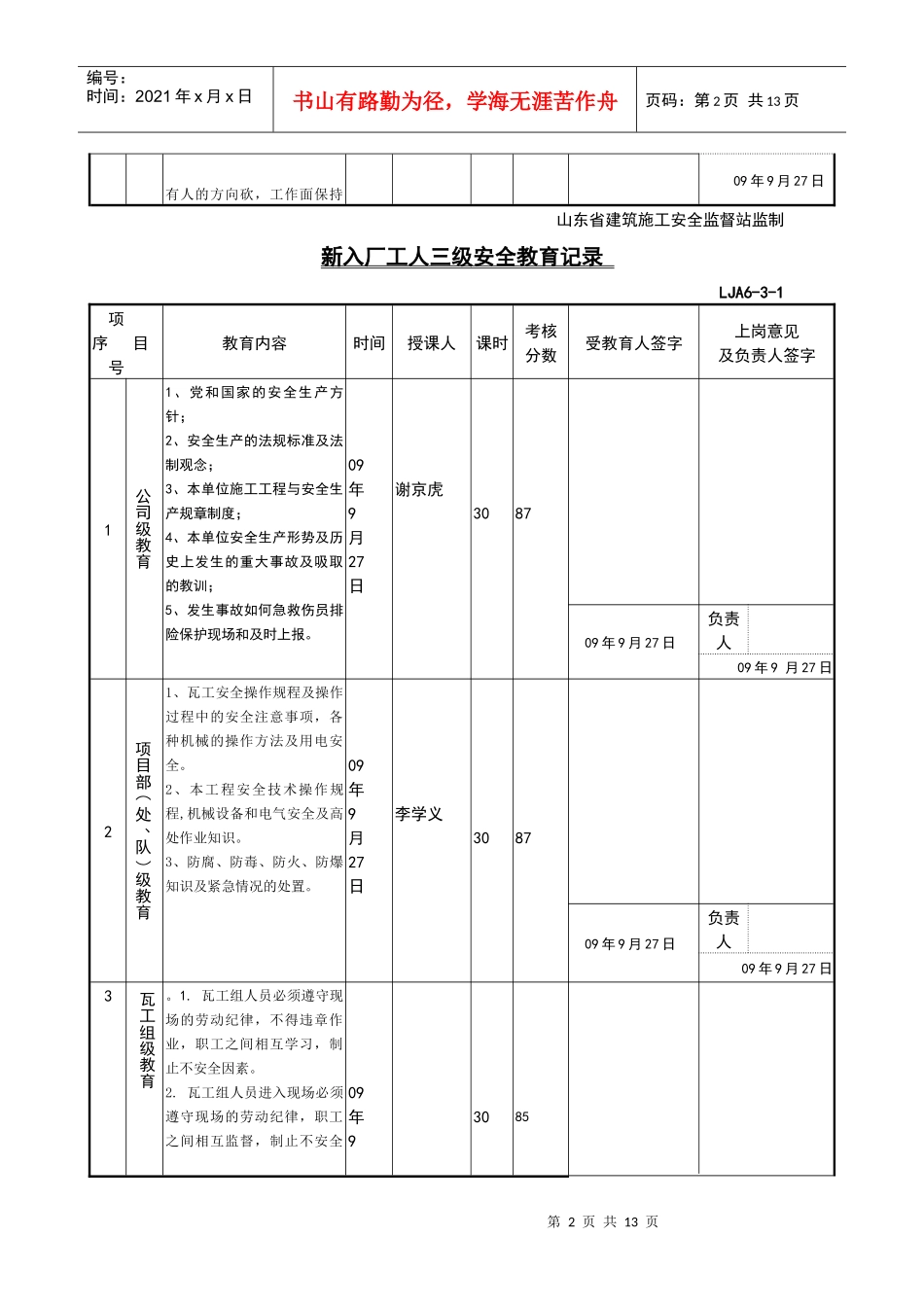 新入厂工人三级安全教育记录瓦工_第2页
