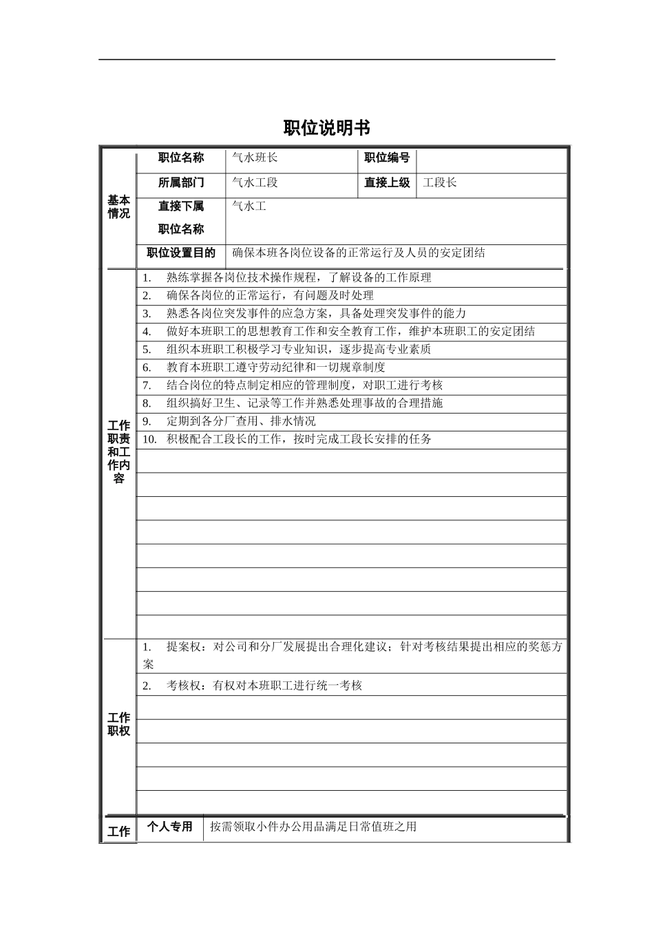 气水班长职位说明书_第1页