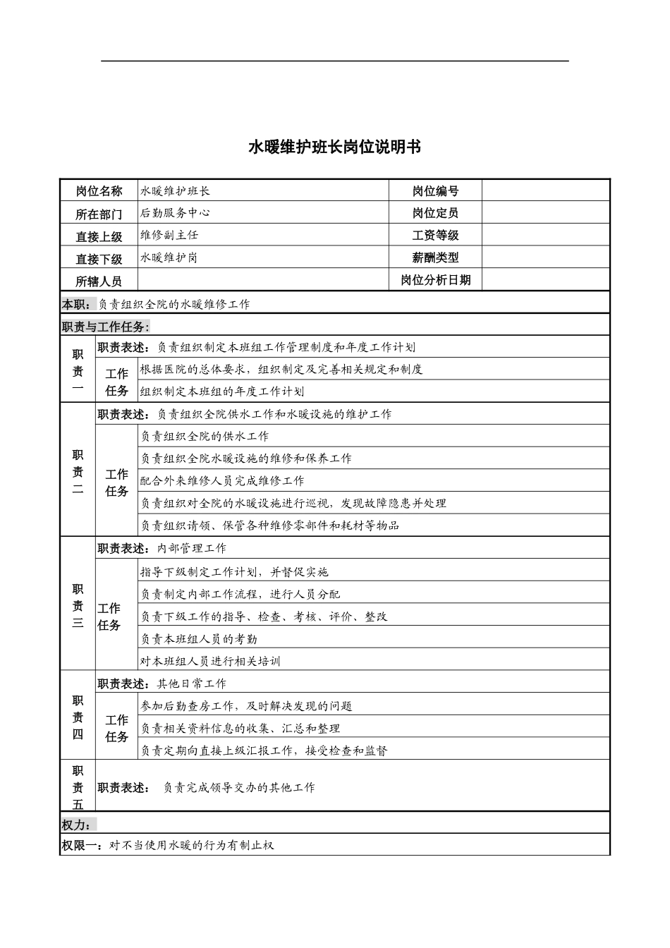 水暖维护班长岗位说明书_第1页