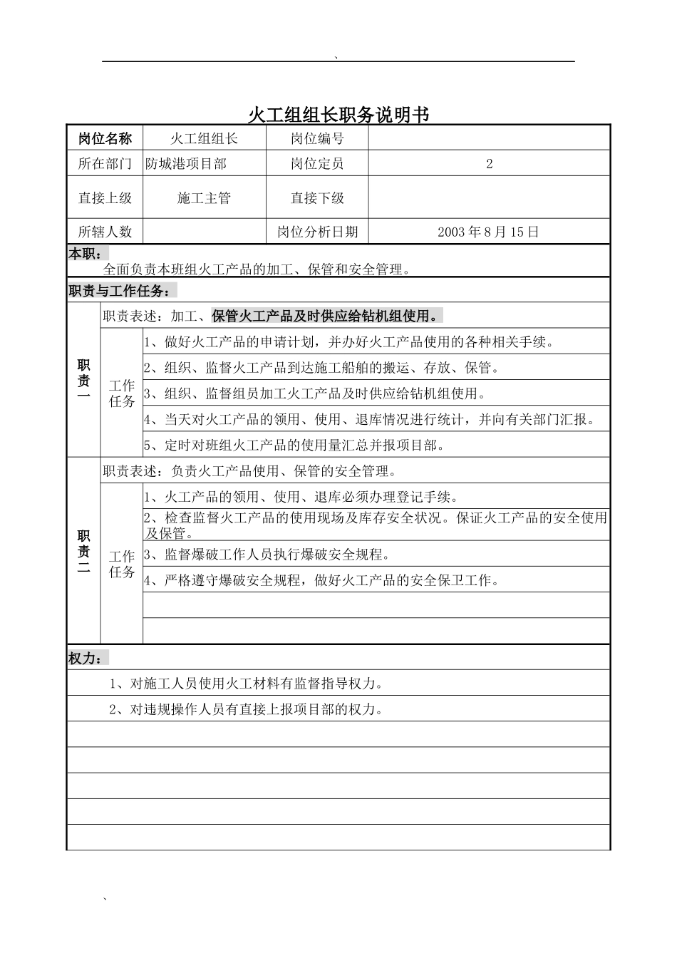 火工组组长职务说明书_第1页