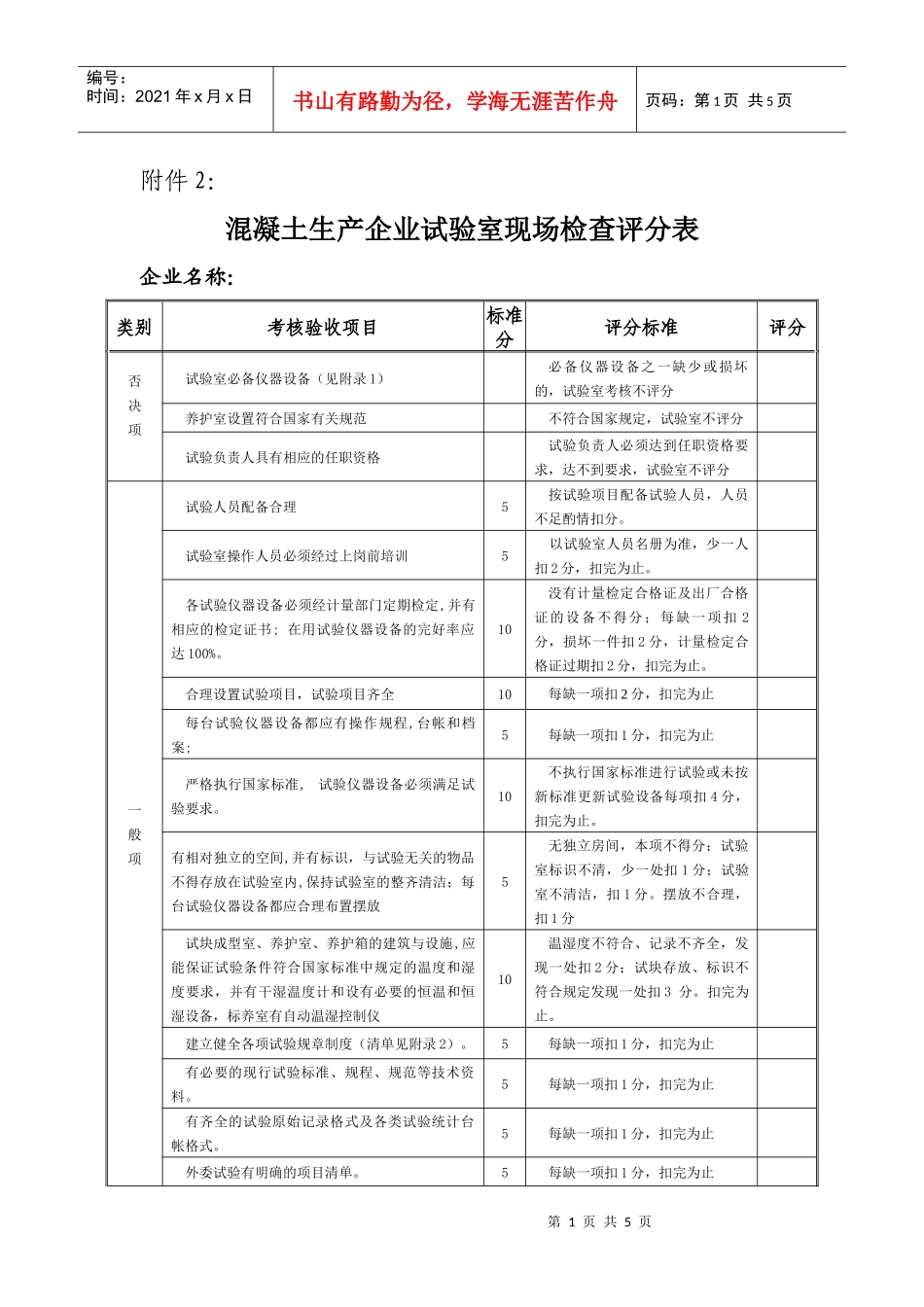混凝土生产企业试验室现场考核评分表_第1页