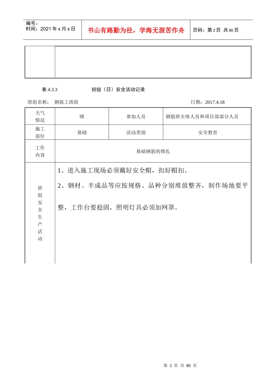 钢筋班组(日)安全活动记录_第2页