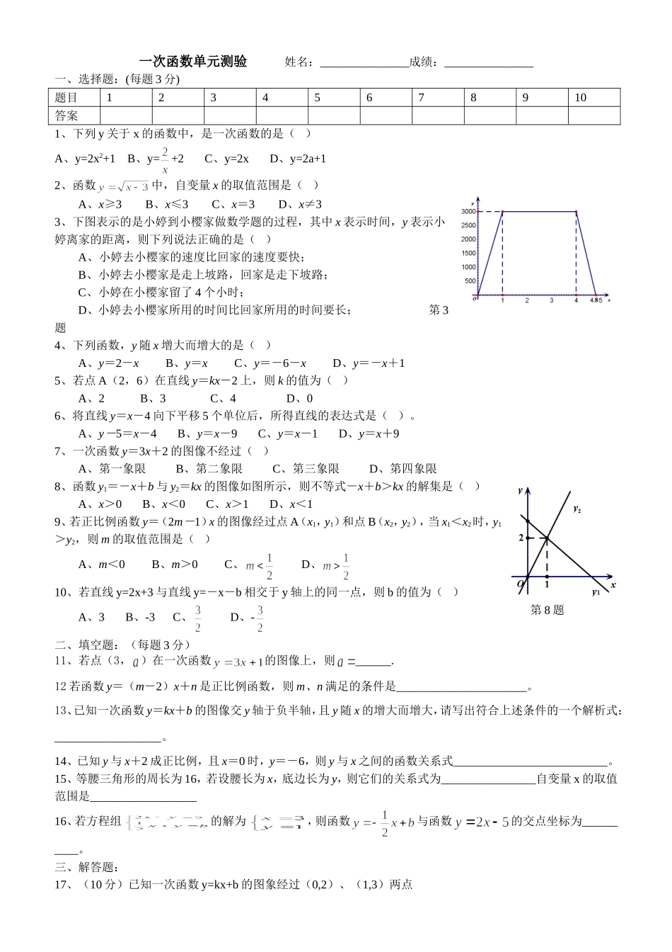 一次函数单元测验_第1页