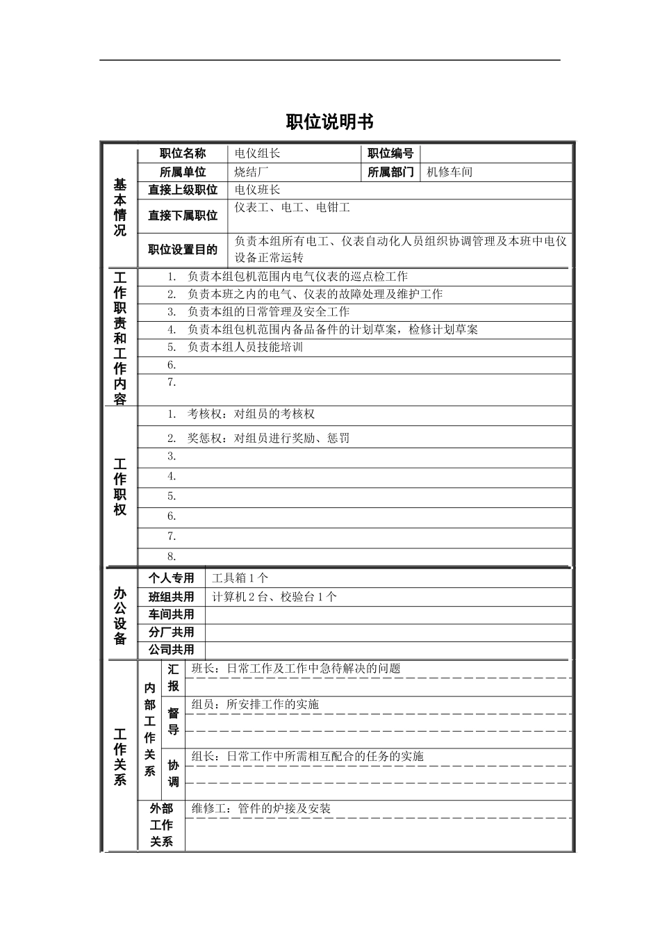 烧结厂电仪组长岗位说明书_第1页