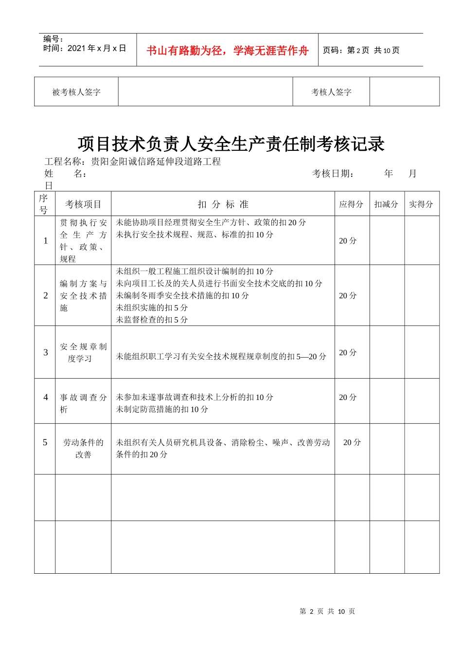 工程项目安全生产责任制考核记录表_第2页