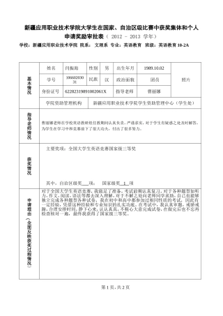 国家、自治区级获奖奖励审批表