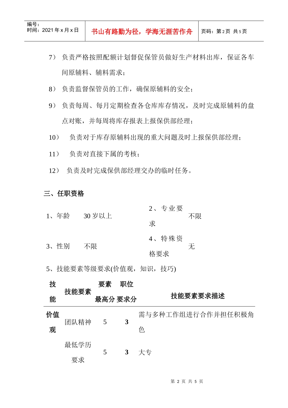 某公司保供部原辅料仓库主管职位说明书_第2页