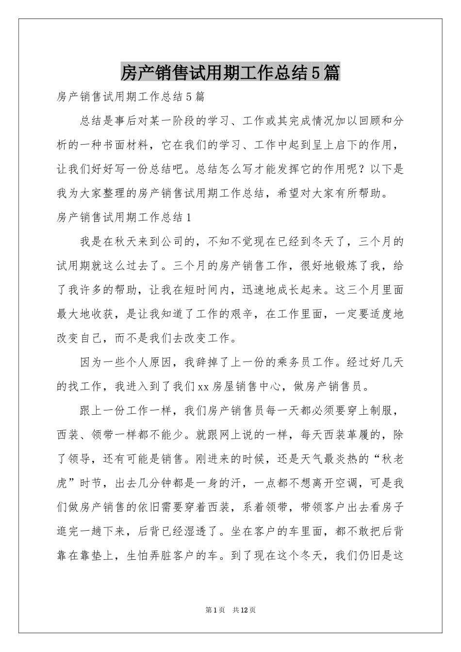 房产销售试用期工作参考总结5篇_第1页