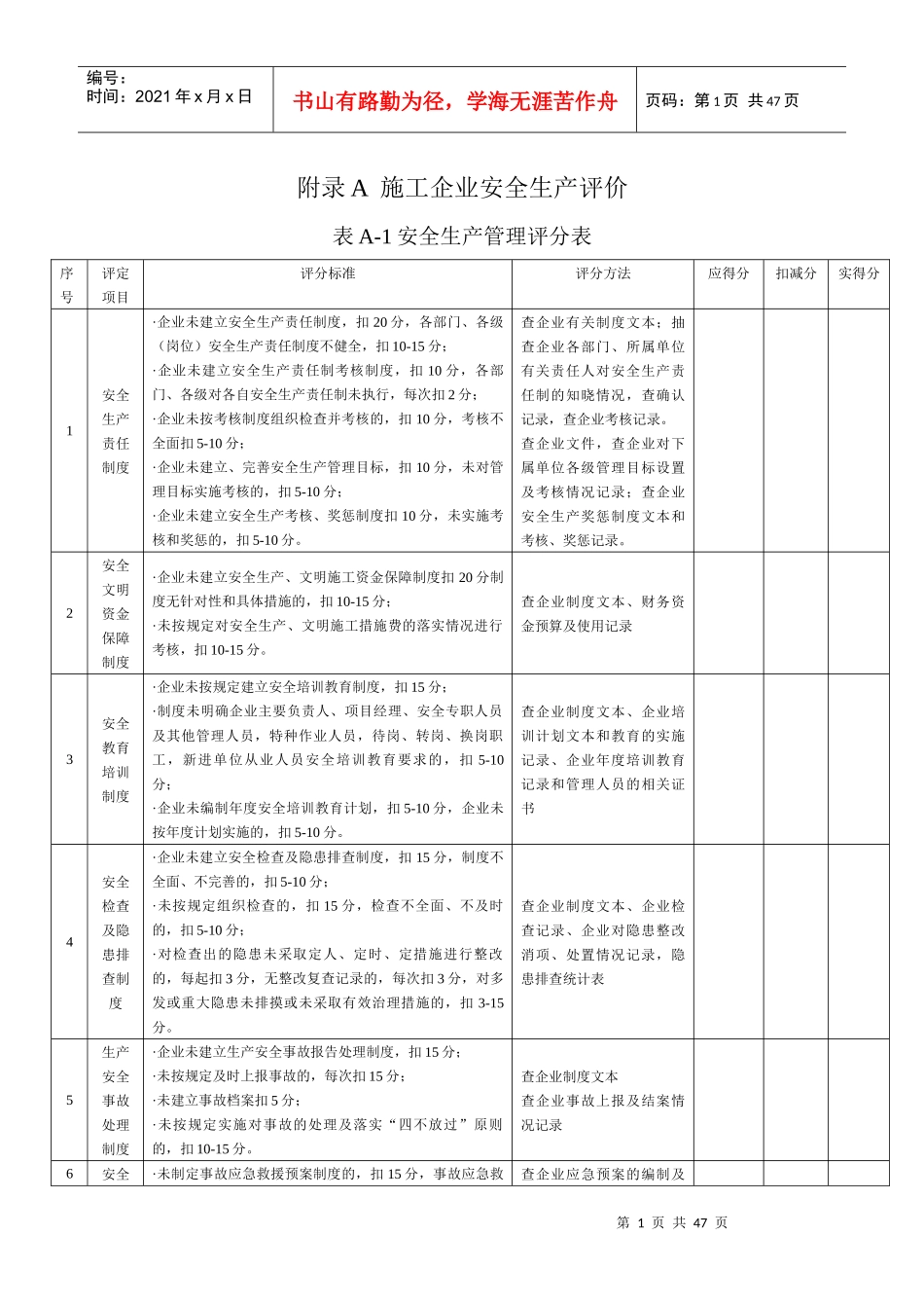 施工企业安全生产评价表_第1页
