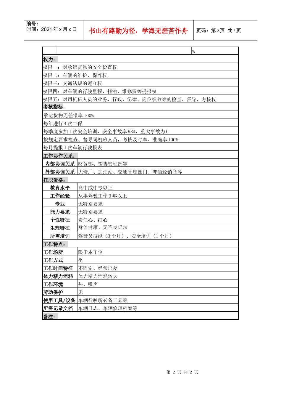 某啤酒企业司机班长岗岗位说明书_第2页
