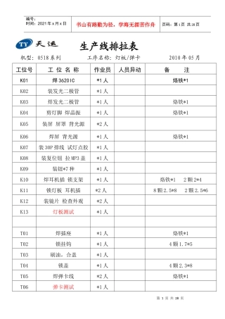 生产线排拉表XXXX年09月