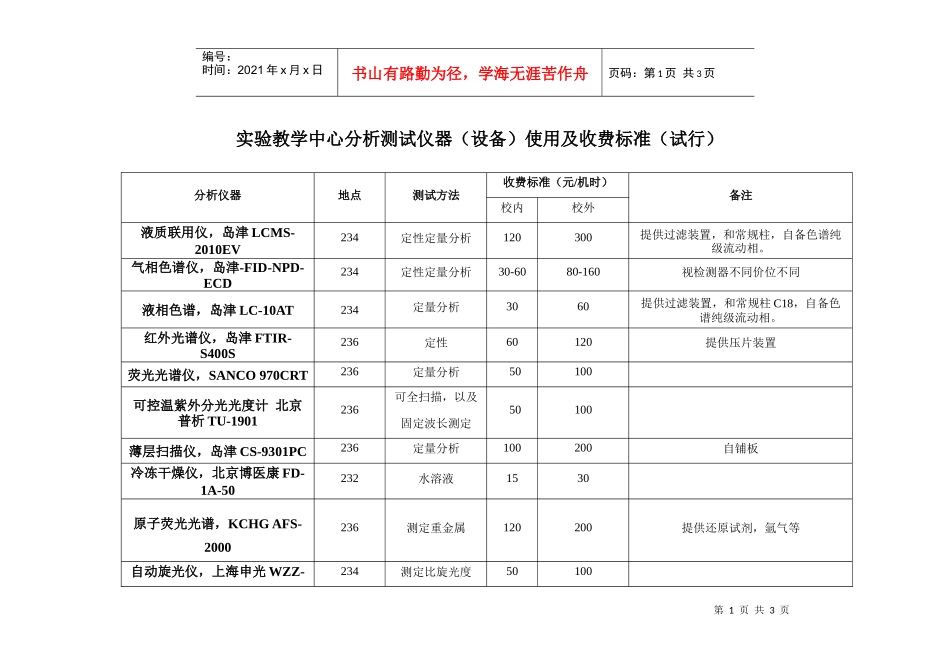 实验教学中心分析测试仪器(设备)使用及收费标准(试行)_第1页