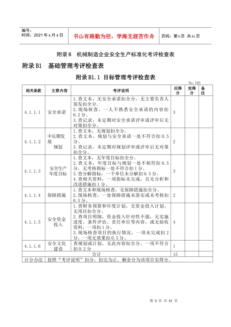 XXXX年国家机械制造企业安全生产标准化考评检查表_第1页