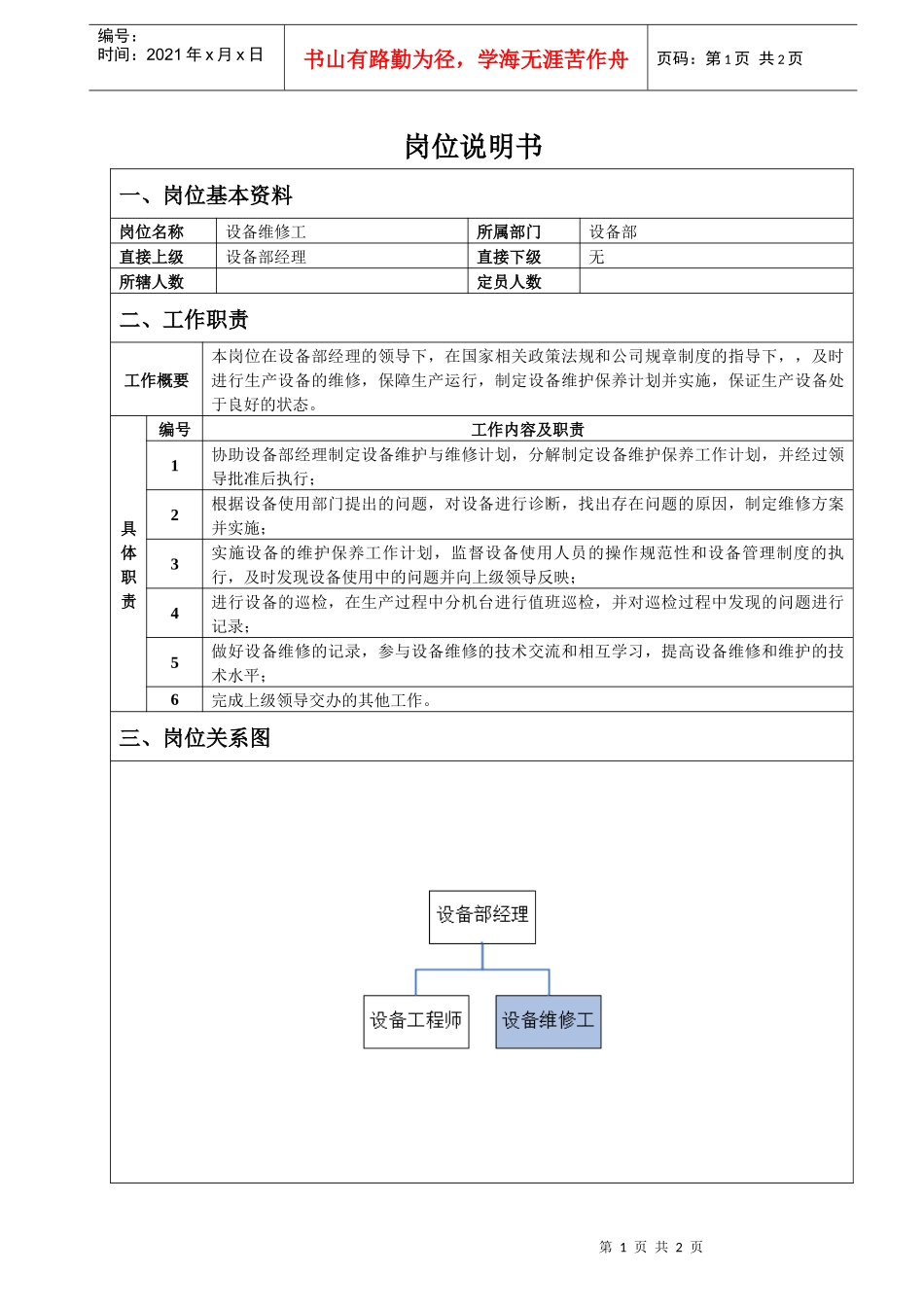 设备维修工岗位说明书_第1页