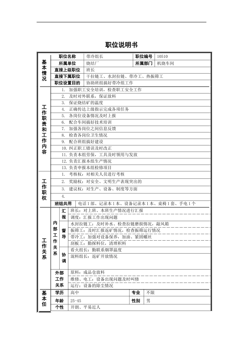 烧结厂带冷组长岗位说明书_第1页