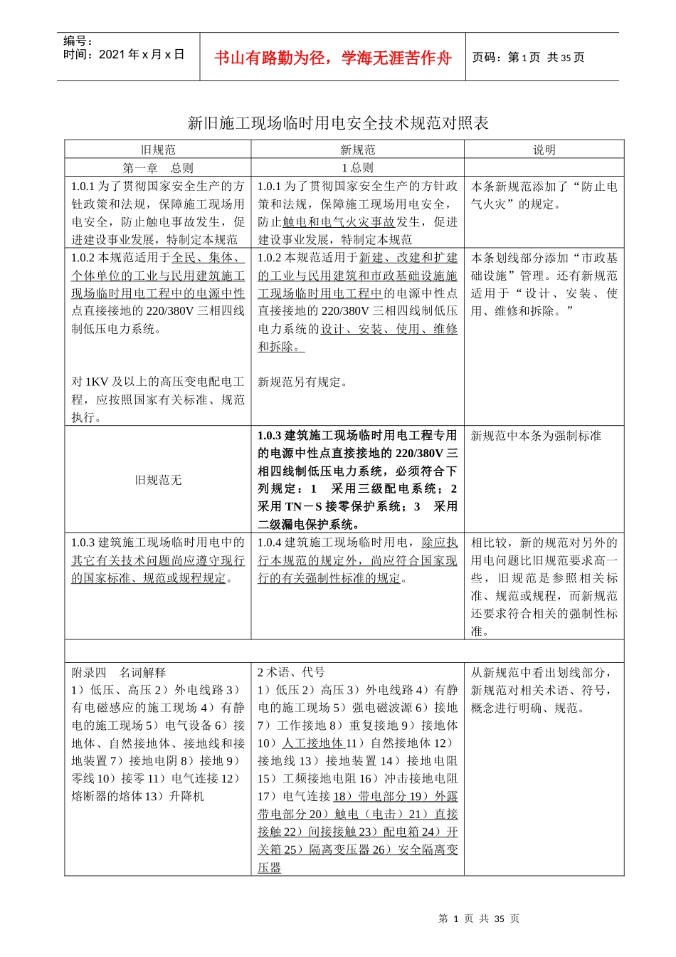 新旧施工现场临时用电安全技术规范对照表_第1页
