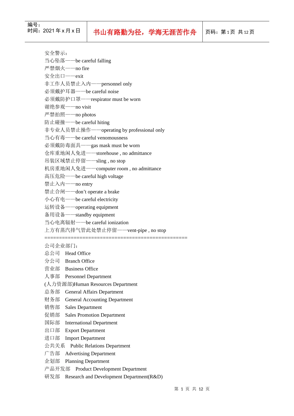 安全警示英文大全_第1页
