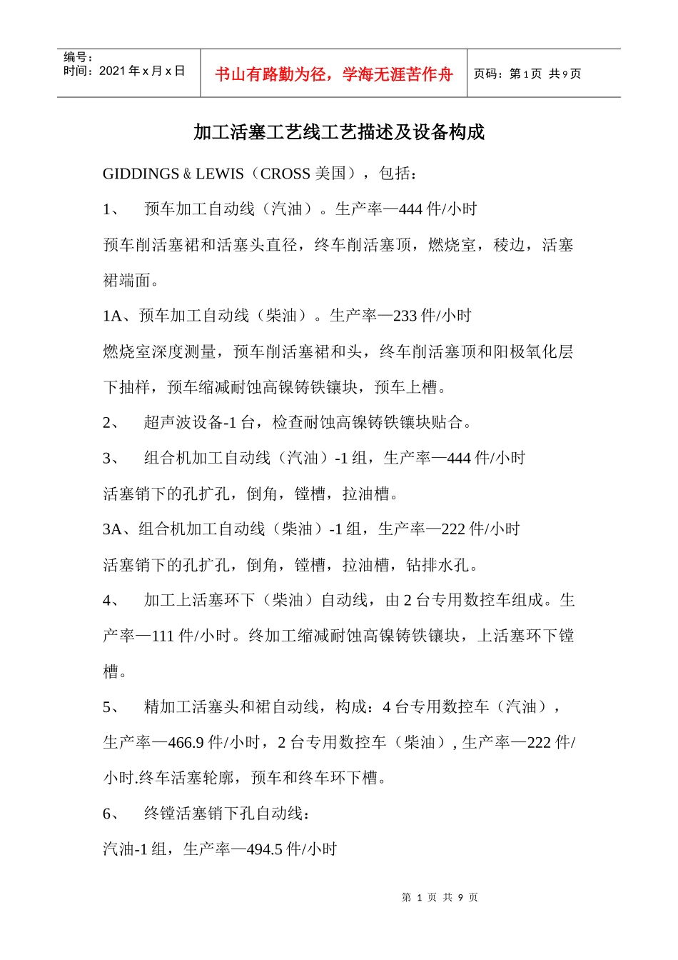 加工活塞工艺线_第1页