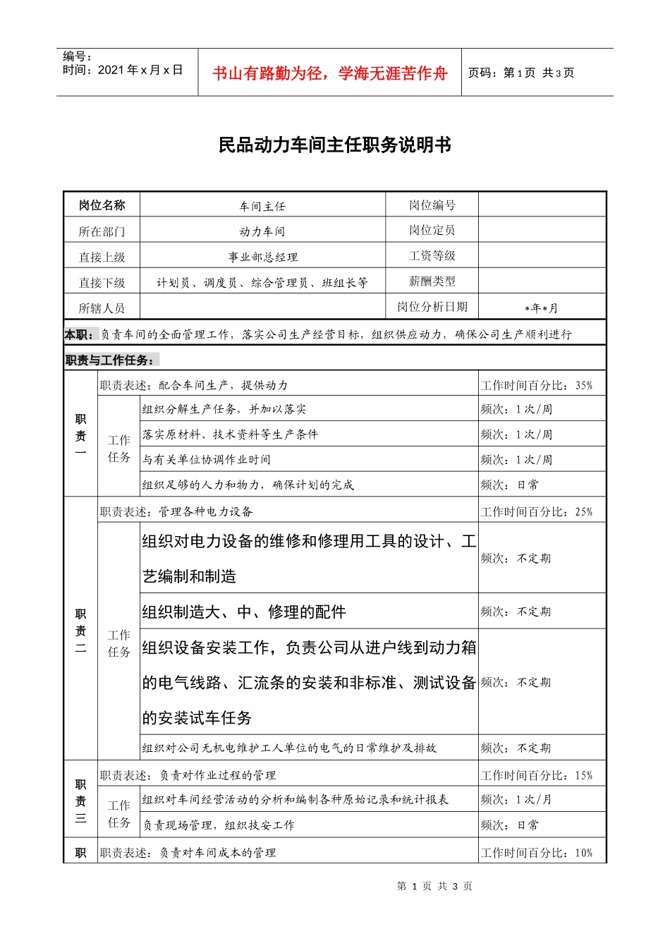 民品动力车间主任职务说明书_第1页