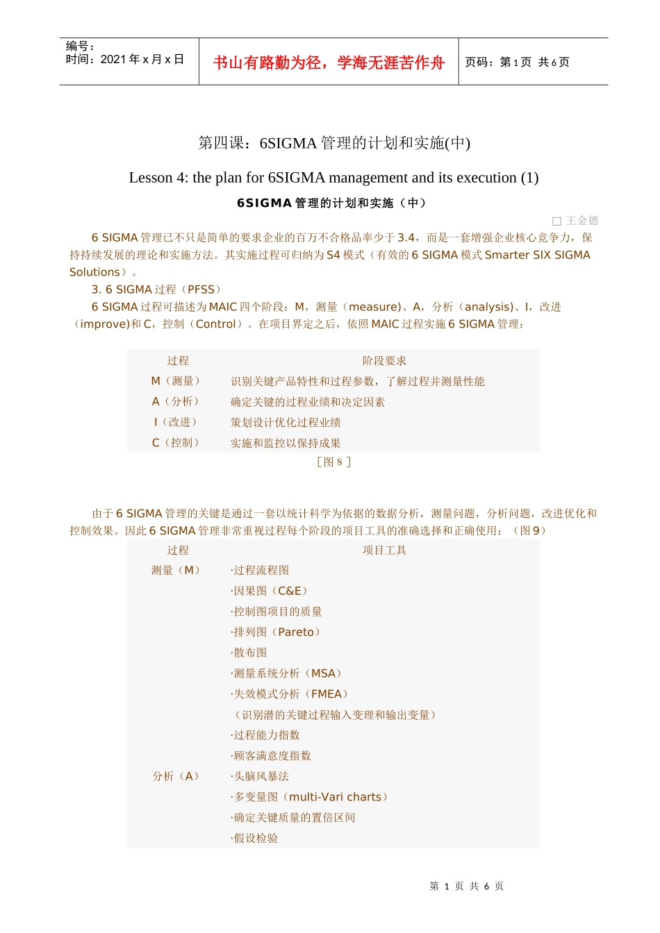 6SIGMALESSON-6SIGMA管理的计划和实施(中)_第1页