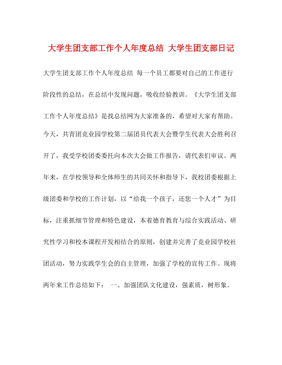 大学生团支部工作个人年度总结大学生团支部日记_第1页